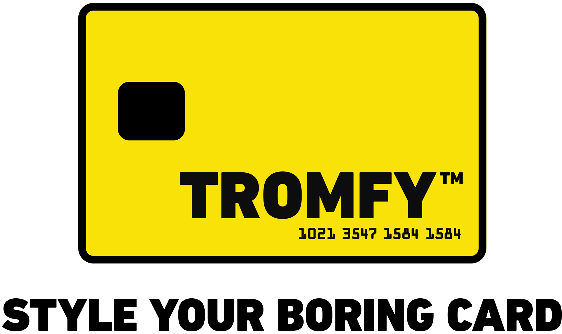Yellow card with 'TROMFY' branding and text on a white background
